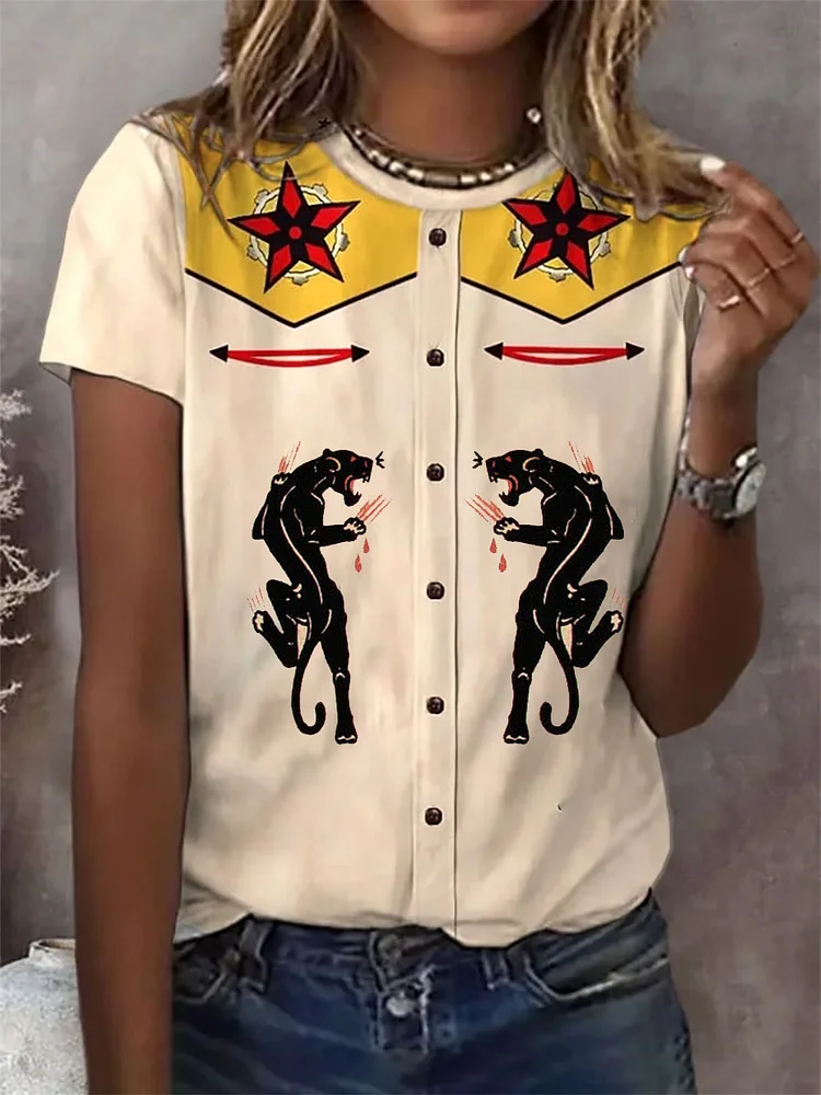Leopard O-Neck T-Shirt Tee - White