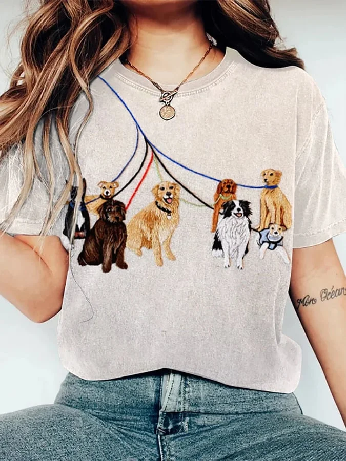 Women's Fun Dog Walk Embroidered Art Print T-shirt