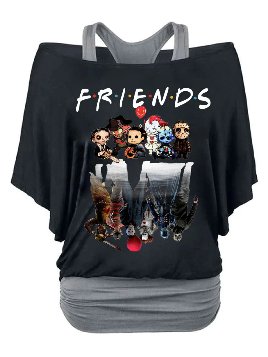 Friends Horror Characters Print Short Sleeved Tops Two Piece Set
