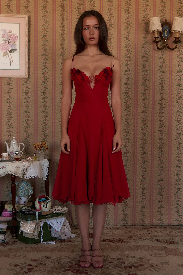 Floral Trim Plunge Neck Pleated A-Line Slip Midi Dresses-Red [Pre Order]