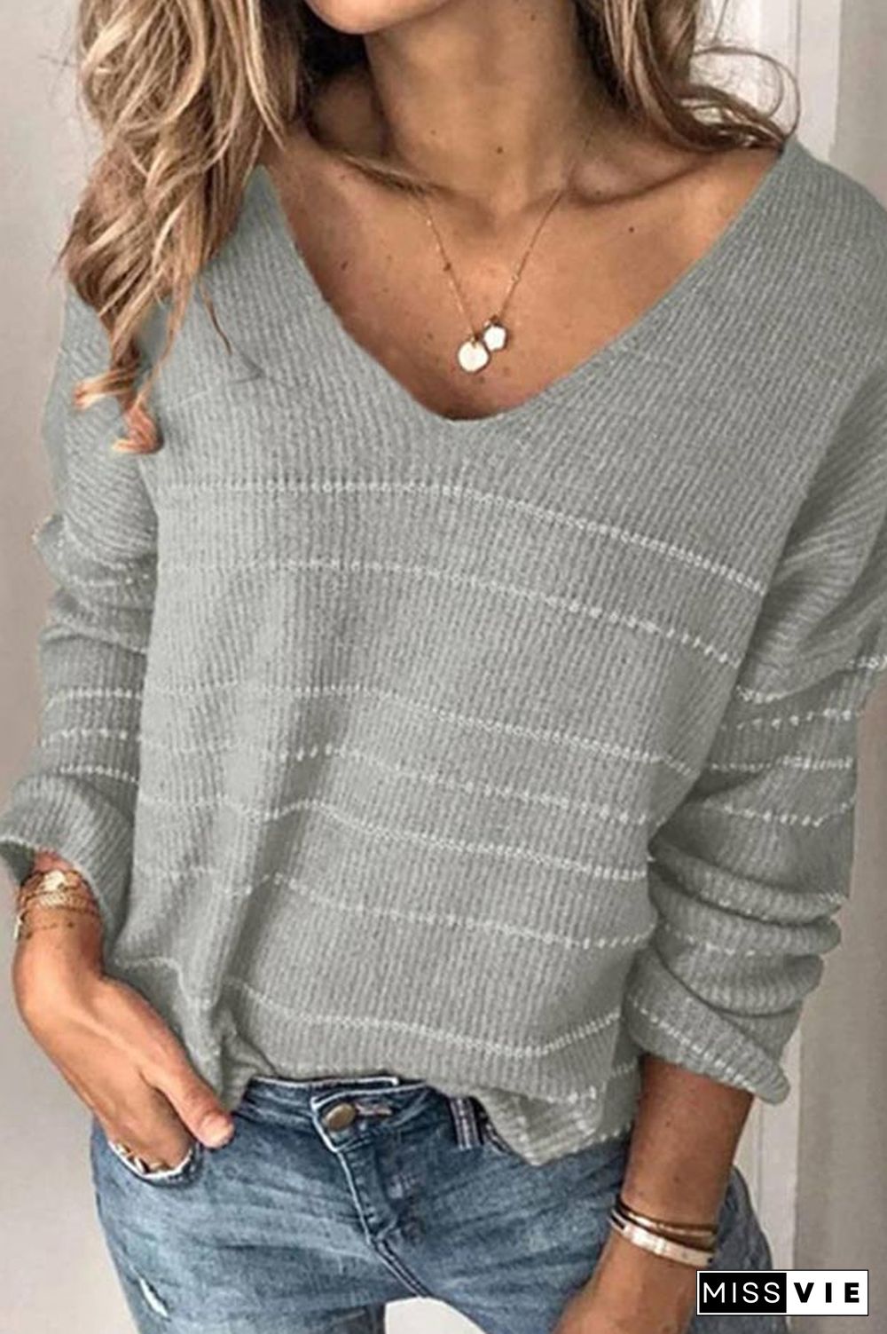 Casual V Neck Striped Sweater