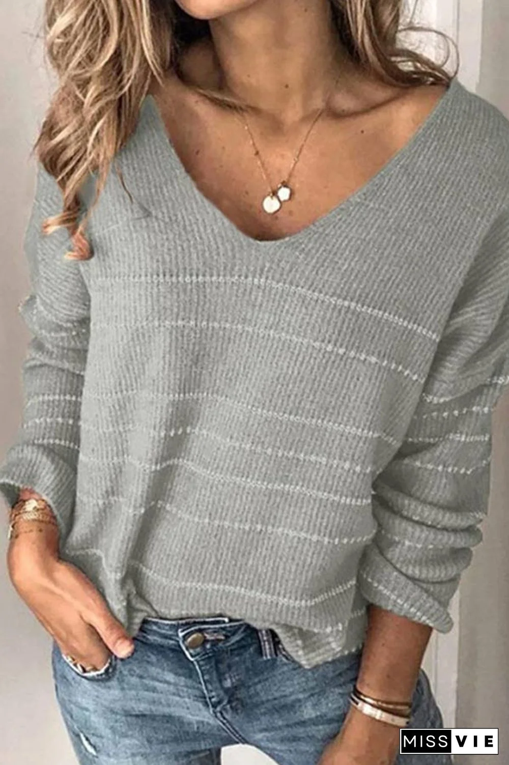 Casual V Neck Striped Sweater