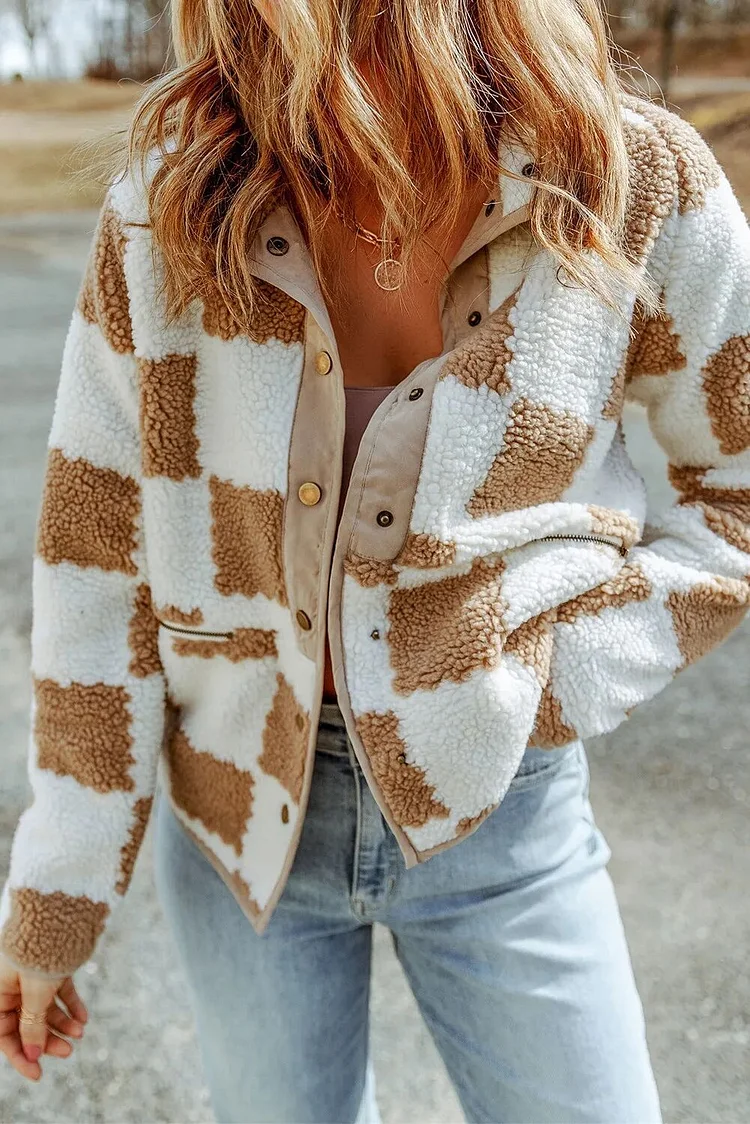 Women's Vintage Plaid Fleece Warm Cardigan Coat Stand Collar Button Down Jacket
