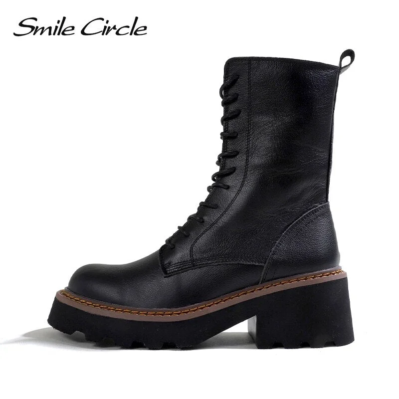 Smile Circle Chunky Ankle Boots Women Genuine Leather Black Motorcycle Boots Platform Warm Plush High heels Ladies Booties