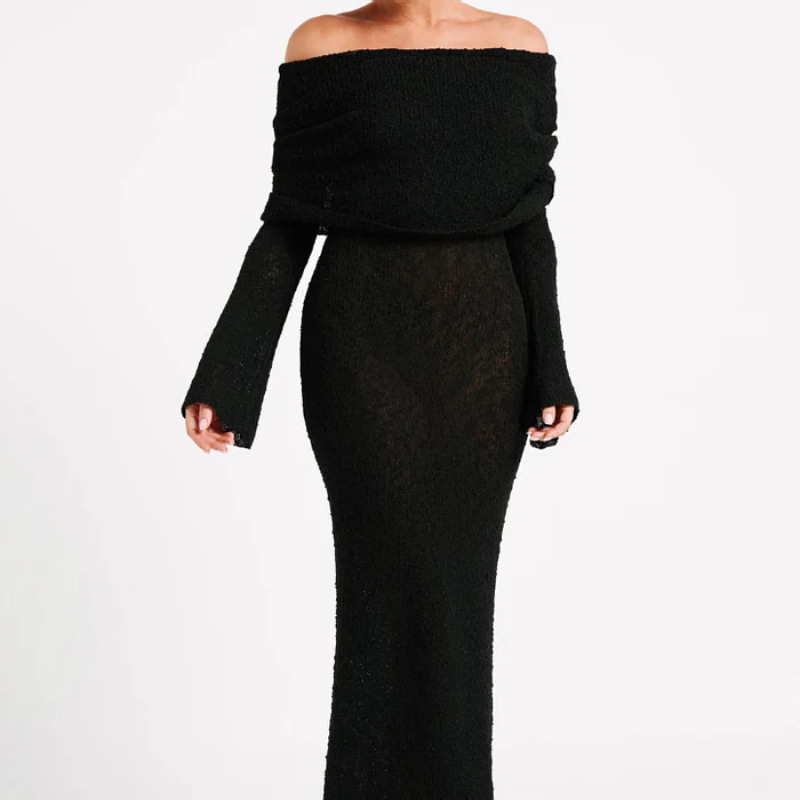 IO Dress 2025 Autumn Hot Sale New French Style Beach Dress Long Sleeve Knitted Off-Shoulder Dresses Winter Long Dress For Women