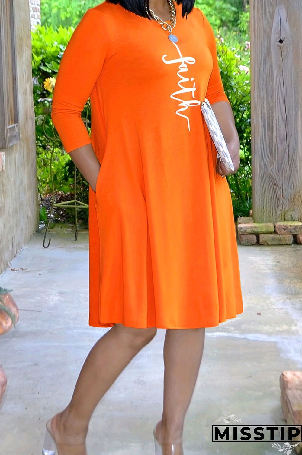 Purple Casual Print Patchwork Pocket O Neck Straight Plus Size Dresses