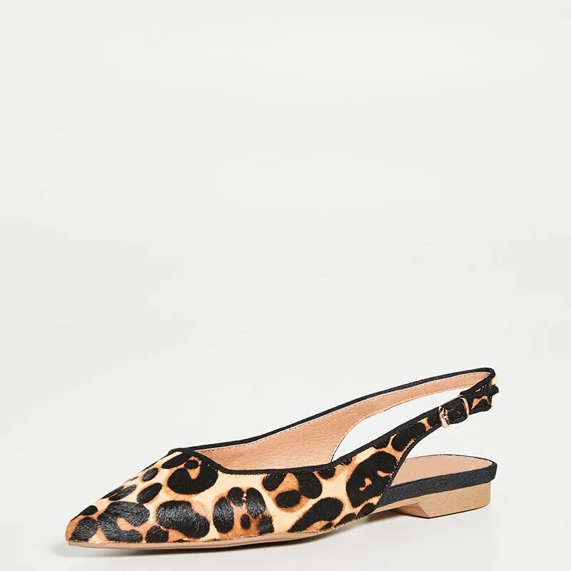 TAAFO Brown Leopard Print Slingback Woman's Flats Pointed Toe Ladies Buckle Straps Office Shoes