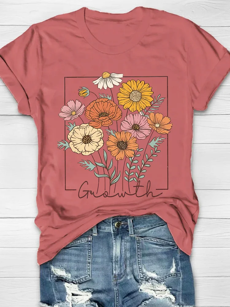 Vintage Wildflower Printed Crew Neck Women's T-shirt