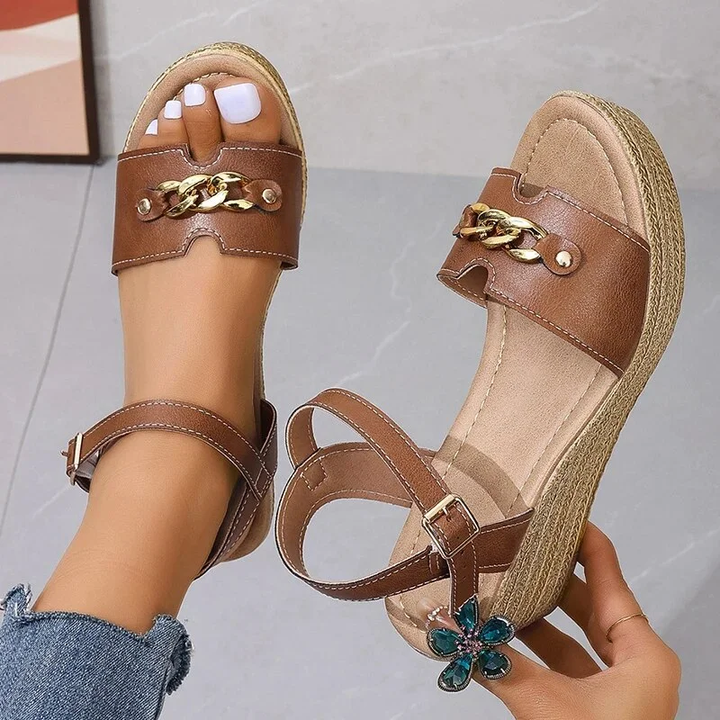 Qengg Ankle Buckle Wedge Sandals Woman 2024 Metal Chain Thick Sole Gladiator Shoes Woman Vintage Platform Sandles Female 41