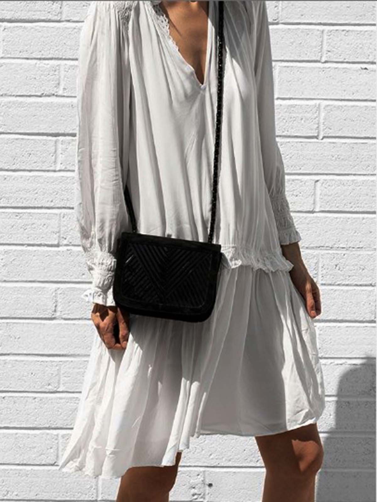 White V Neck Plain Cotton-Blend Long Sleeve Dresses