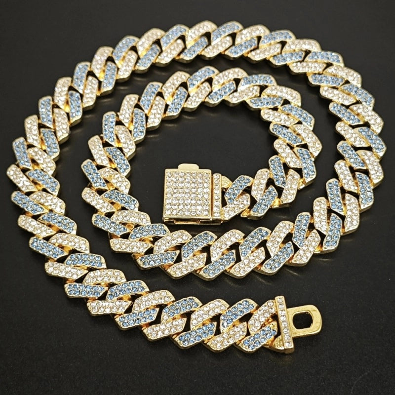 Qianshimei New 14mm Encryption Color Half Blue Half Pink Dragon Beard Buckle Flip Rhombus Cuban Chain Hip Hop Necklace