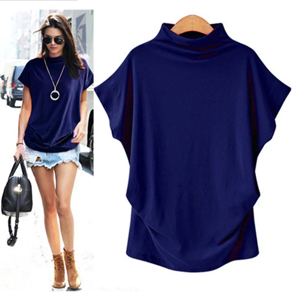 Brownm Commute Large Size Women's Half Turtleneck Batwing Sleeve Solid Color Polyester Top