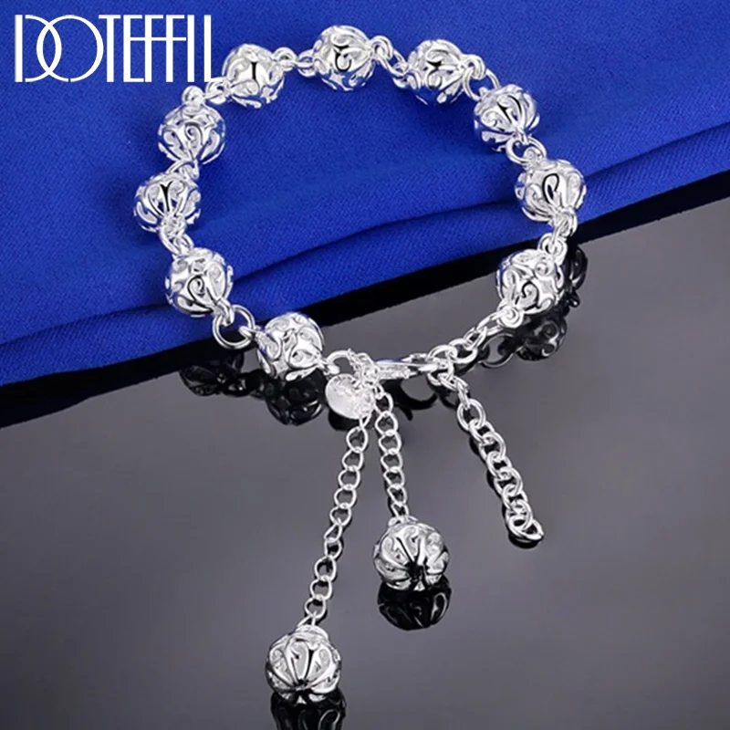 DOTEFFIL 925 Sterling Silver 8mm Hollow Ball Bracelet For Women Jewelry