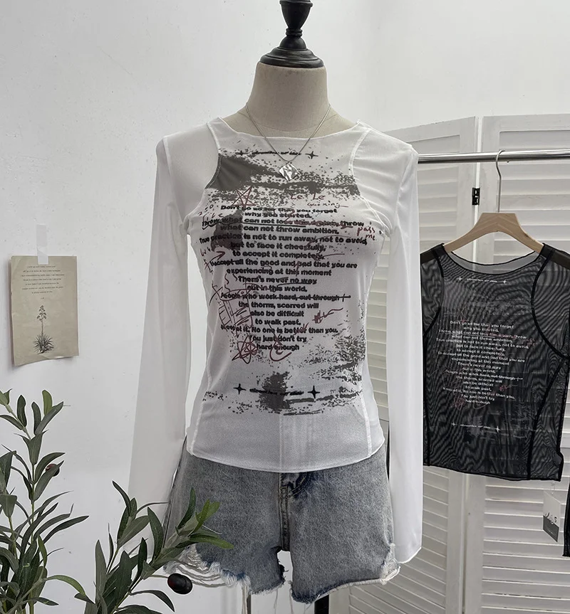 Zingj Graffiti-Printing Mesh T-Shirt 2024 Vintage Spice Girls Slime Long-Sleeved Hooded Top 13213