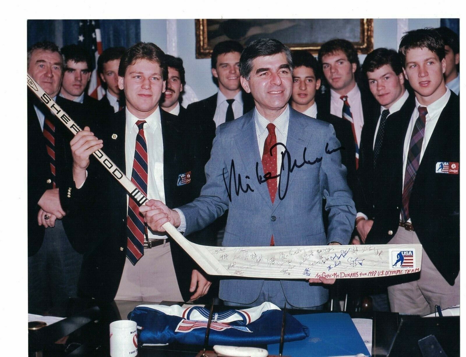 Mike Dukakis With 98 Olympic Hockey Team Signed 8 x 10