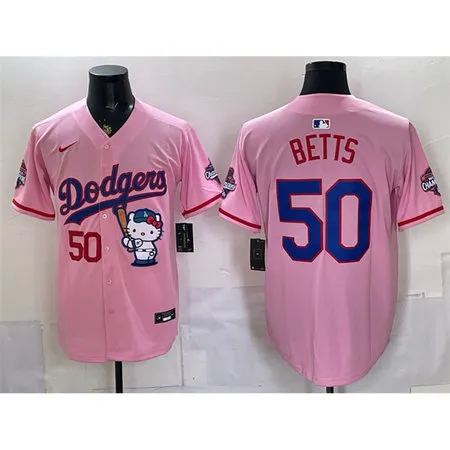 Men's Los Angeles Dodgers #50 Mookie Betts Pink Hello Kitty Night 2025 World Series Champions Patch Stitched Baseball Jersey
