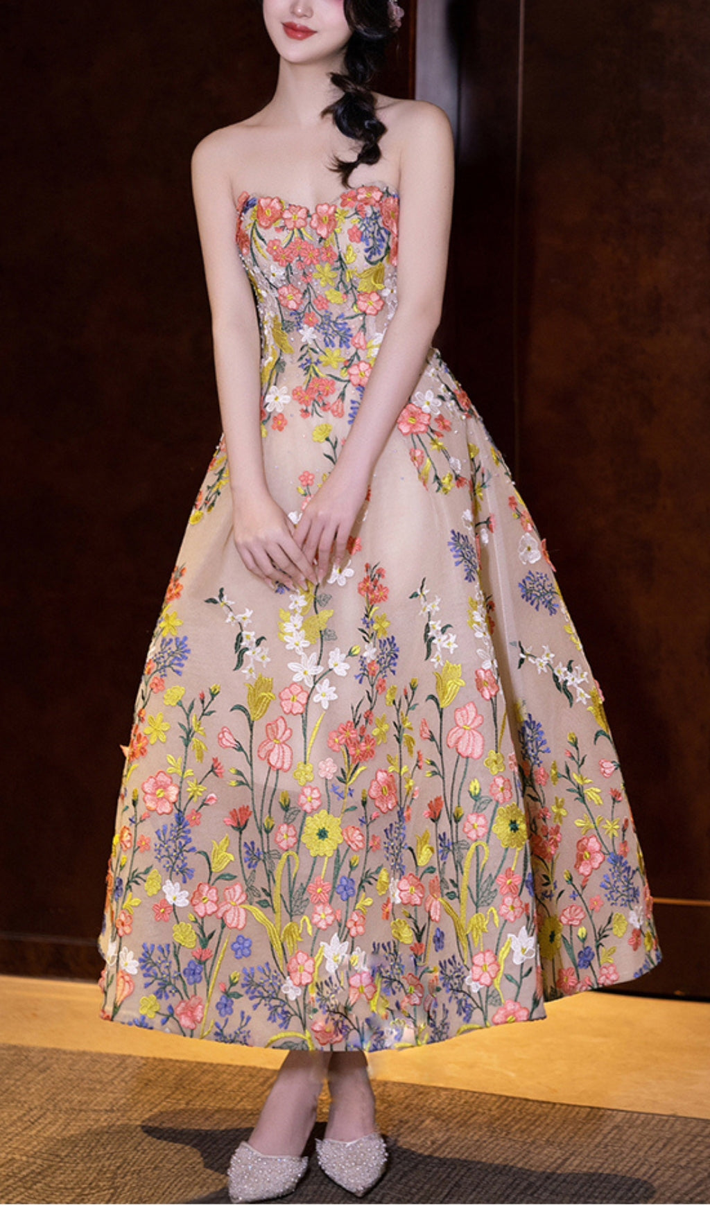 Strapless Tea Length Floral Midi Dress Flowering Girl