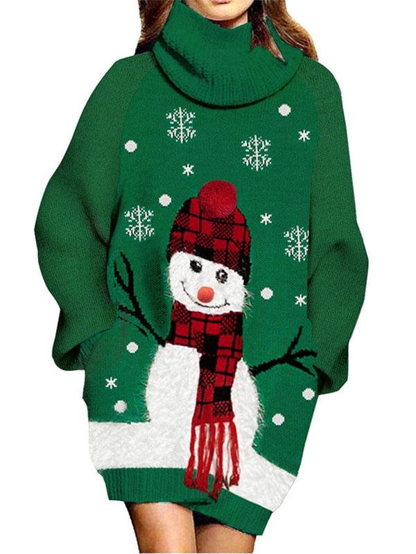 Womens Ugly Christmas Sweater Turtleneck Snowman Oversized Dress-elleschic