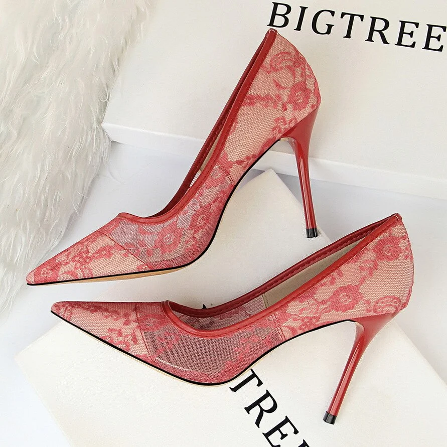 Lace Pumps Women High Heels Summer 2020 Fashion Sexy Party Wedding Shoes Pumps Ladies White Red Shoes Pointed Toe Hollow Shoes