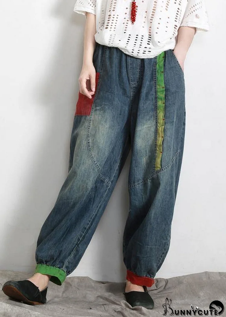 Handmade Blue Elastic Waist Patchwork Summer Pants