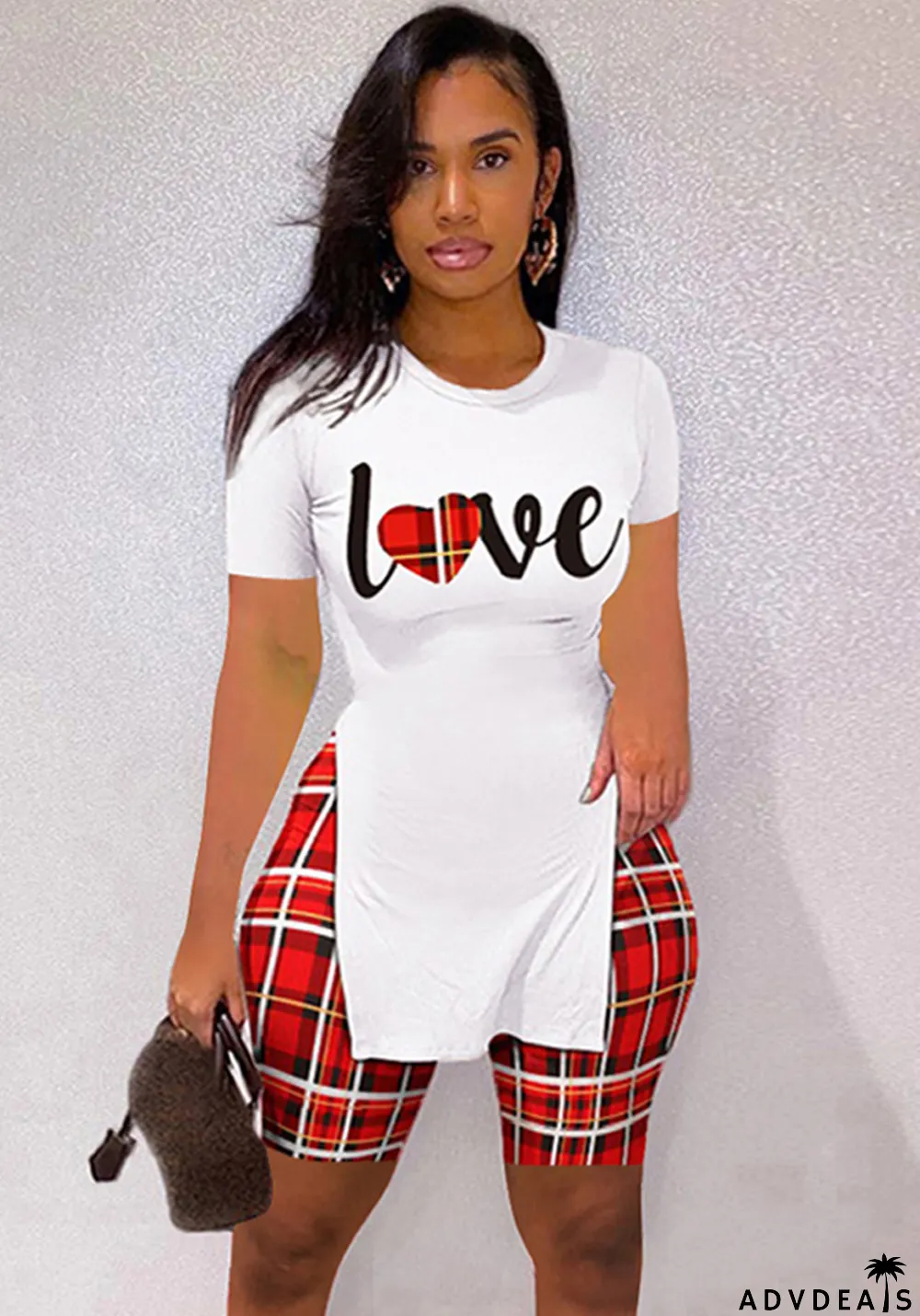 Women Summer Printed Casual O-Neck Short Sleeves High Waist Plaid Print Skinny Two Piece Shorts Set