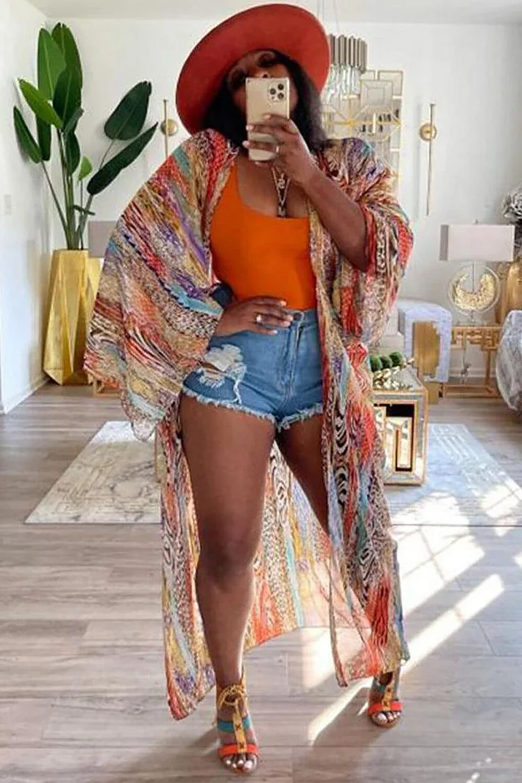 Multicolor Mixed Print Wide Sleeve Vacation Chiffon Long Cardigan-Multicolor