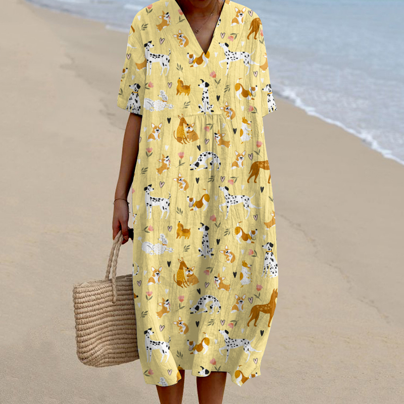 Dog Art  V-neck Linen Short Sleeves Midi Dress wearshes