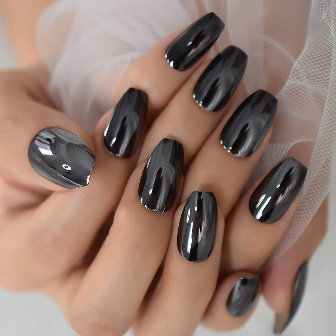 Short Coffin Mirror Black Color Nail With Dsign Gel Tip Decoration Nails False Hand Dummy Stick On Nail Nails Wholesale Charming