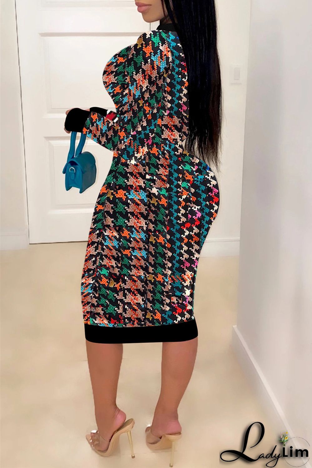 Colour Fashion Casual Print Patchwork Backless O Neck Long Sleeve Plus Size Dresses