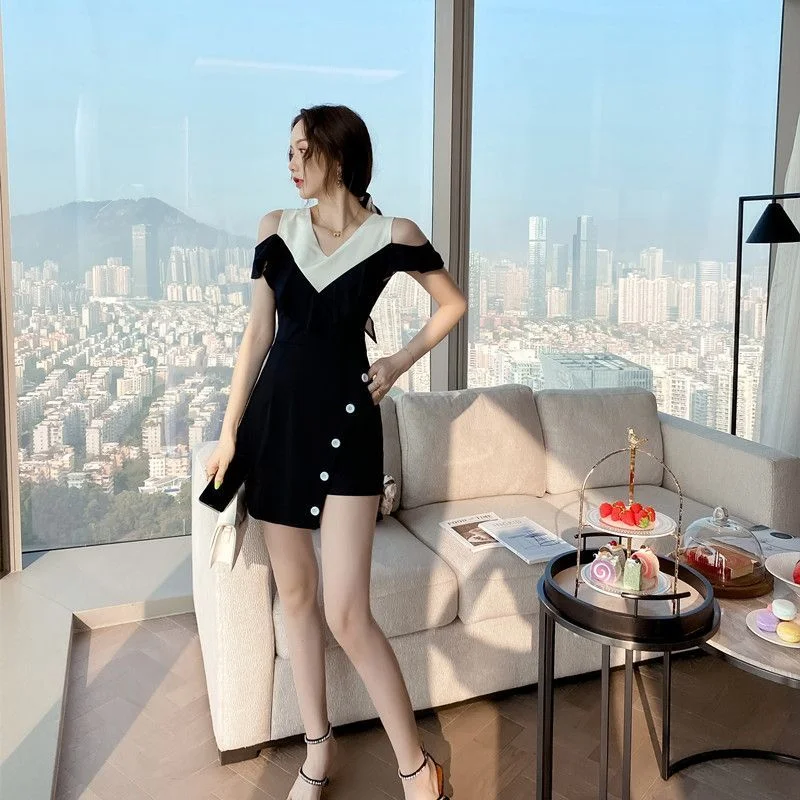 Set: Mock Two-Piece Cold-Shoulder A-Line Dress + Shorts SP17324