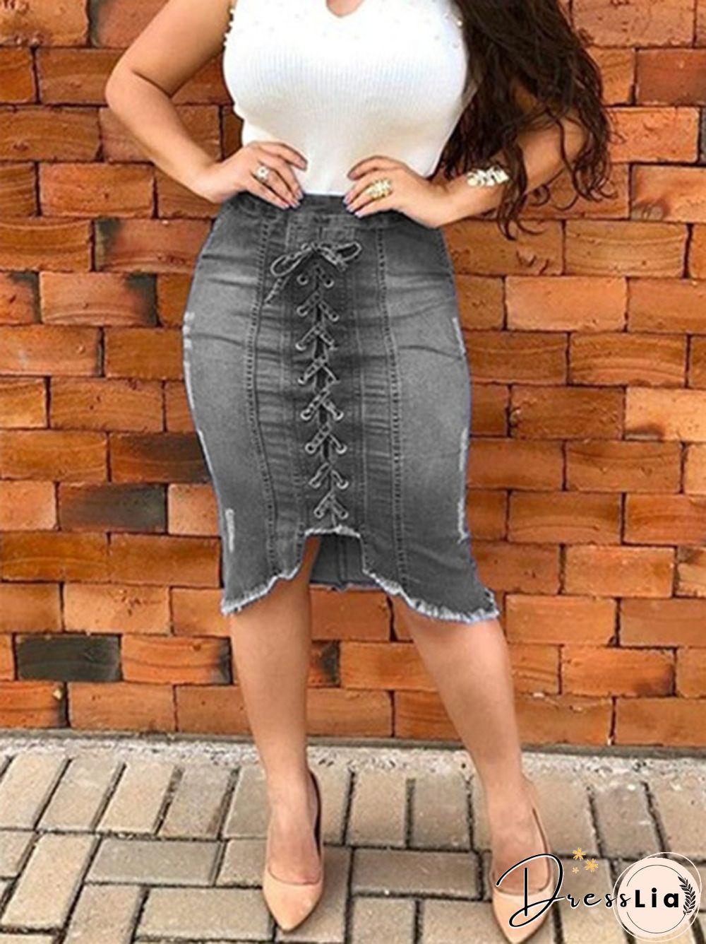 Summer Jeans Denim Pants New Women Fashion Lace Cross High Wasit Skirts Summer Denim Bow Tie Slim Fit Hole Ripper Skirts Jeans Plus Size S-5Xl