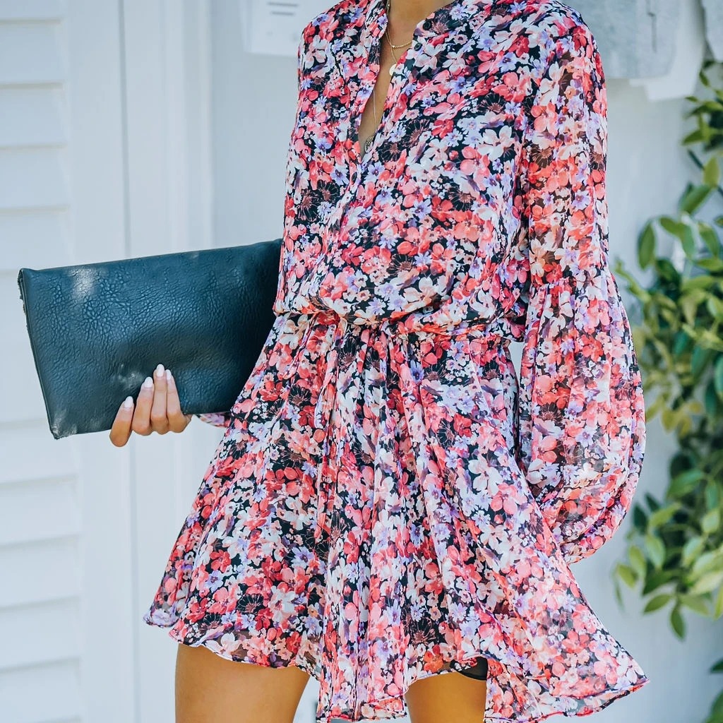 Mature Women Plaid Printed Lantern Sleeve Ruffled Hem Summer Mini Dress