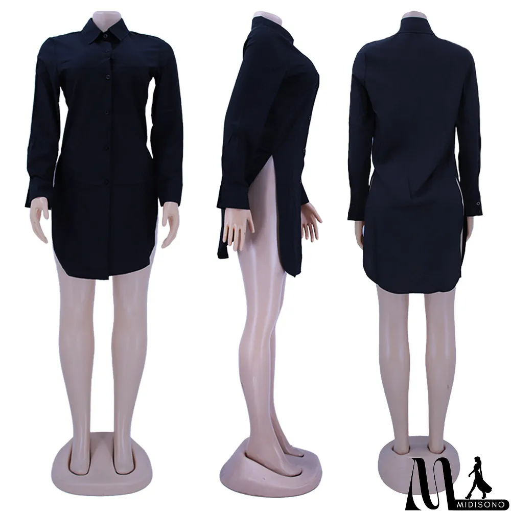 MidiSono - Plus Size Long Sleeve Split Hem Shirt Top