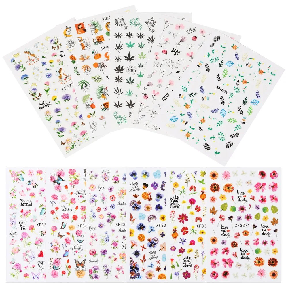 12 Sheets 3D Nail Stickers Colorful Floral Green Leaves Flower Design Spring Summer Decals Slider Colorful DIY Nail Art Decorate-Nail Inspo