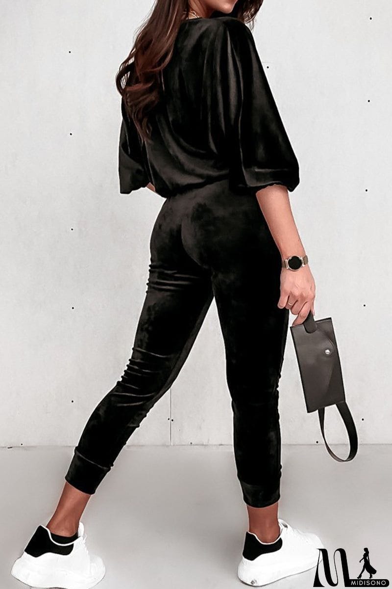 MidiSono - Casual Street Solid Zipper V Neck Long Sleeve Two Pieces