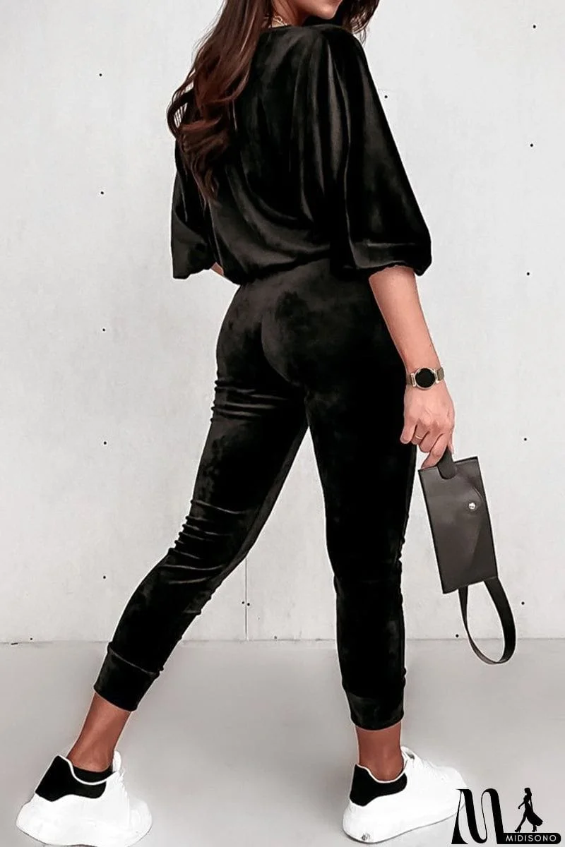 MidiSono - Casual Street Solid Zipper V Neck Long Sleeve Two Pieces