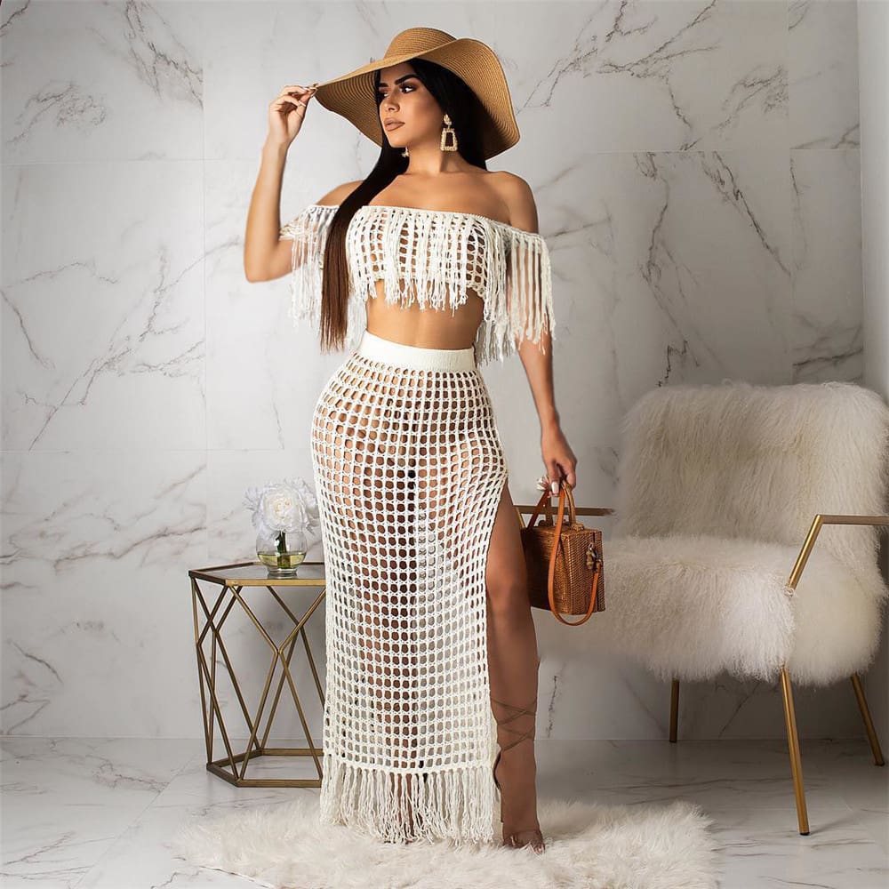 2pcs Women Cover up Hollow Out Perspective Tassel Boat Neck High Slit Solid Casual Summer Beach Long Dress