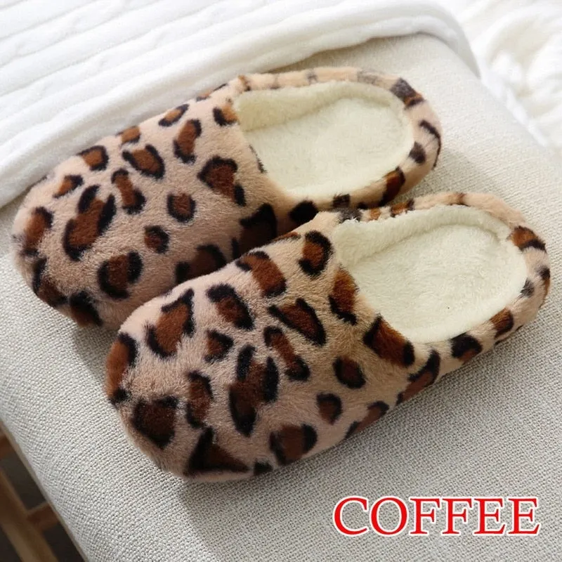 LITTHING Women Home Slippers With Faux Fur Flats Heels Shoes Winter Warm Slippers Women Leopard Print Female Flip Flop Size36-45