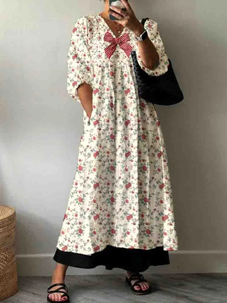 WomenS Holiday Elegant Bow Floral Pattern Cotton Dress
