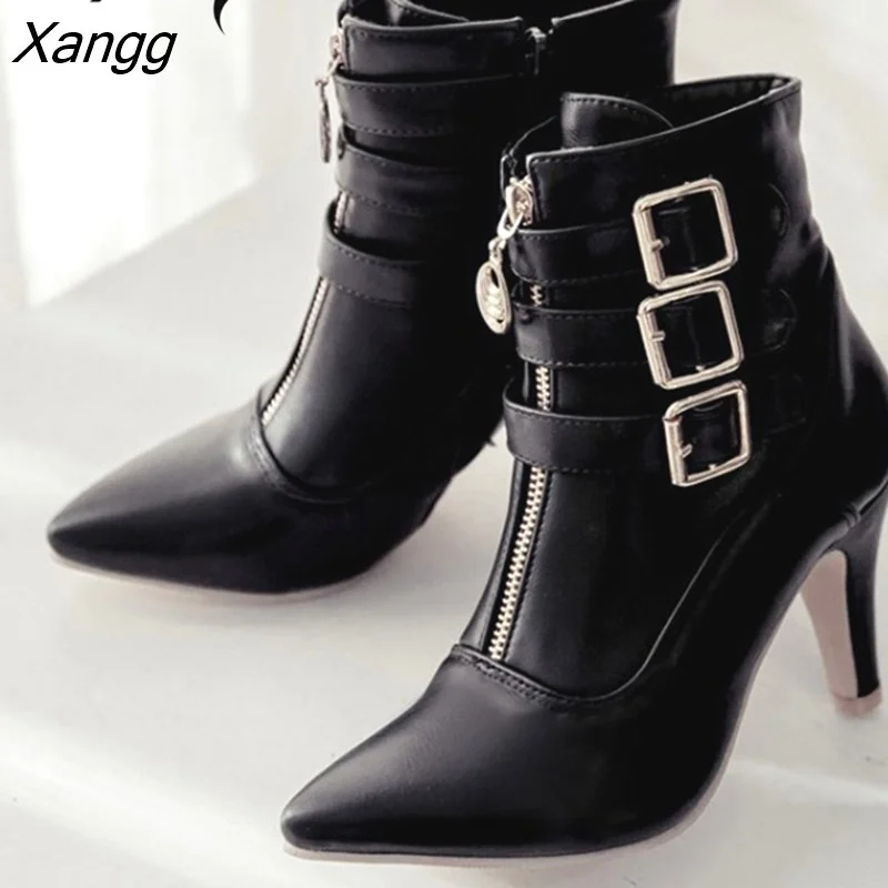 Xangg Women's Boots Pointed Toe Women Shoes for Autumn Winter Sexy High Heels Ankle Boots Black Red White Zapatos de muj WSH3478