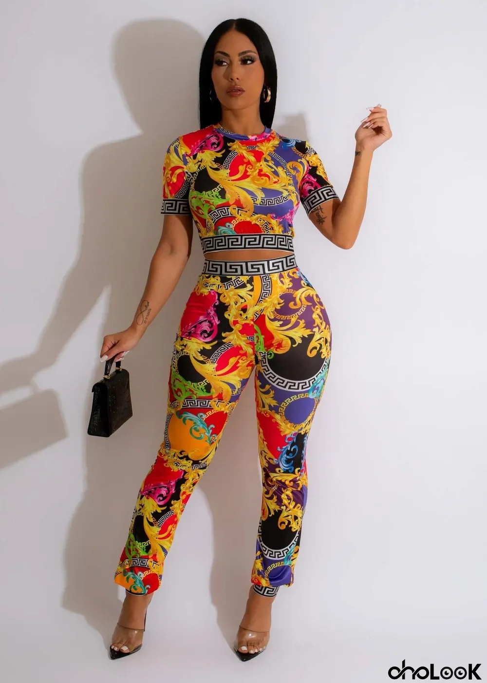 Short Sleeve Slim Print Two Piece Pants Set