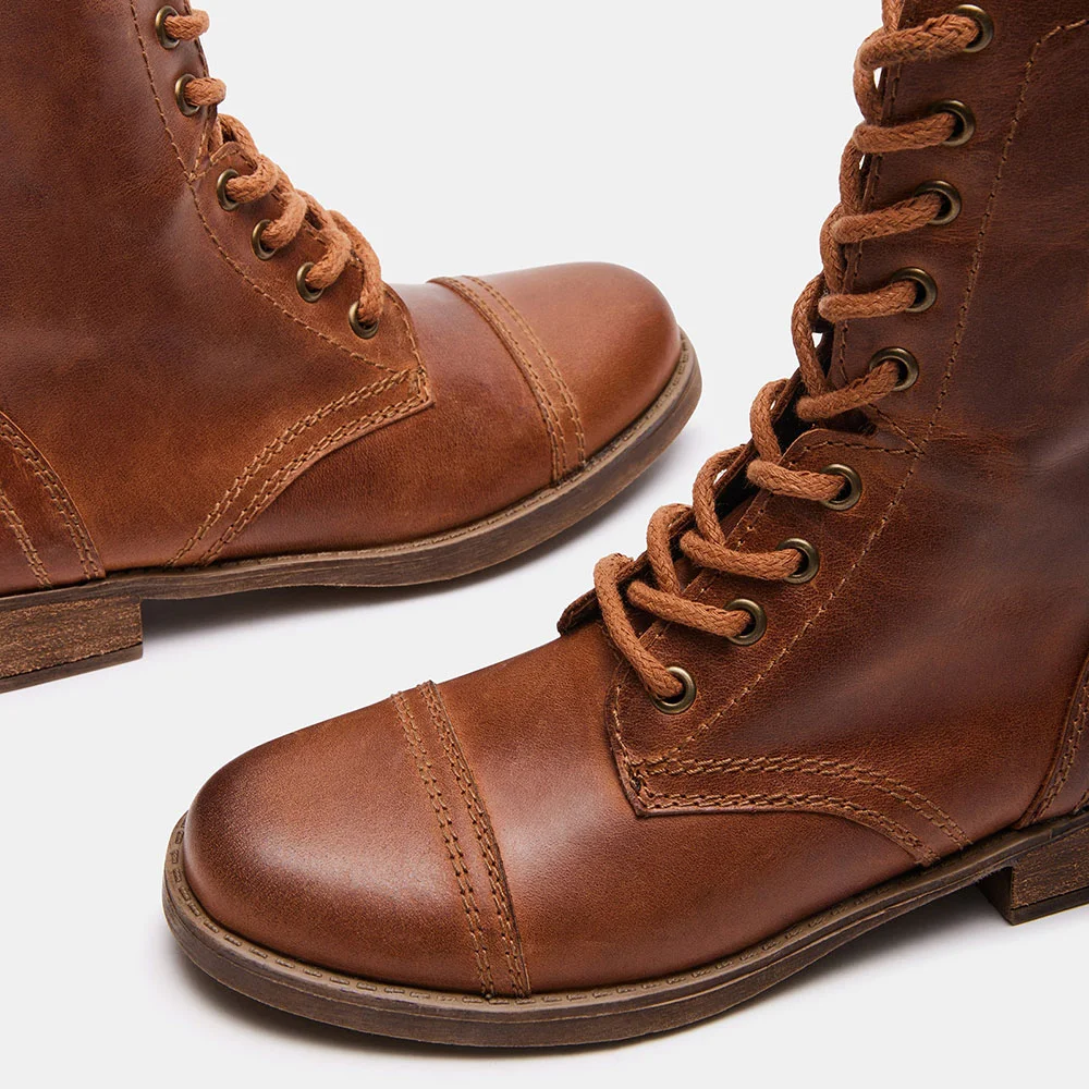 Brown Vegan Leather Lace Up Round Toe Heeled Ankle Bootss for Women