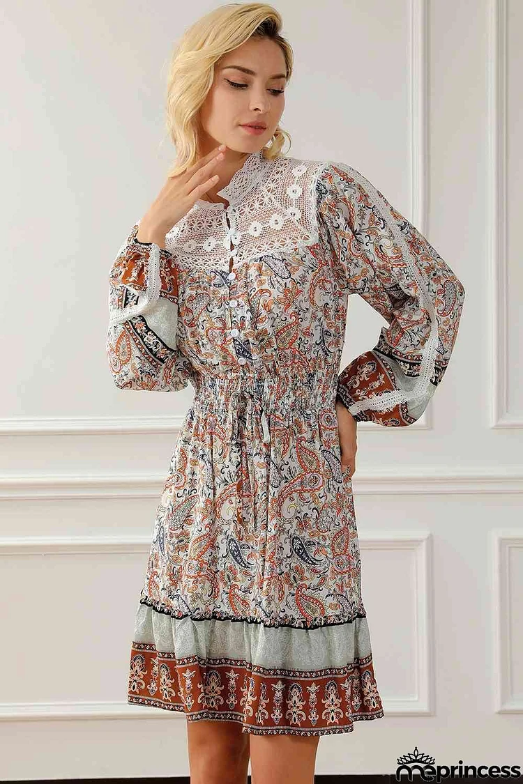 Printed Lace Detail Balloon Sleeve Dress