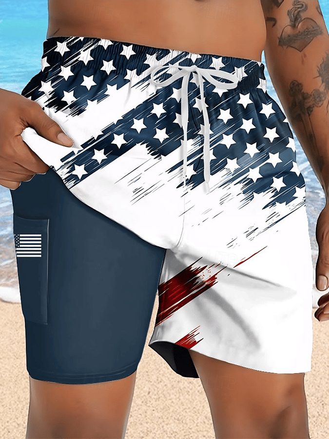 Men's Independence Day Printed Double Layer Shorts (With Pockets) 
