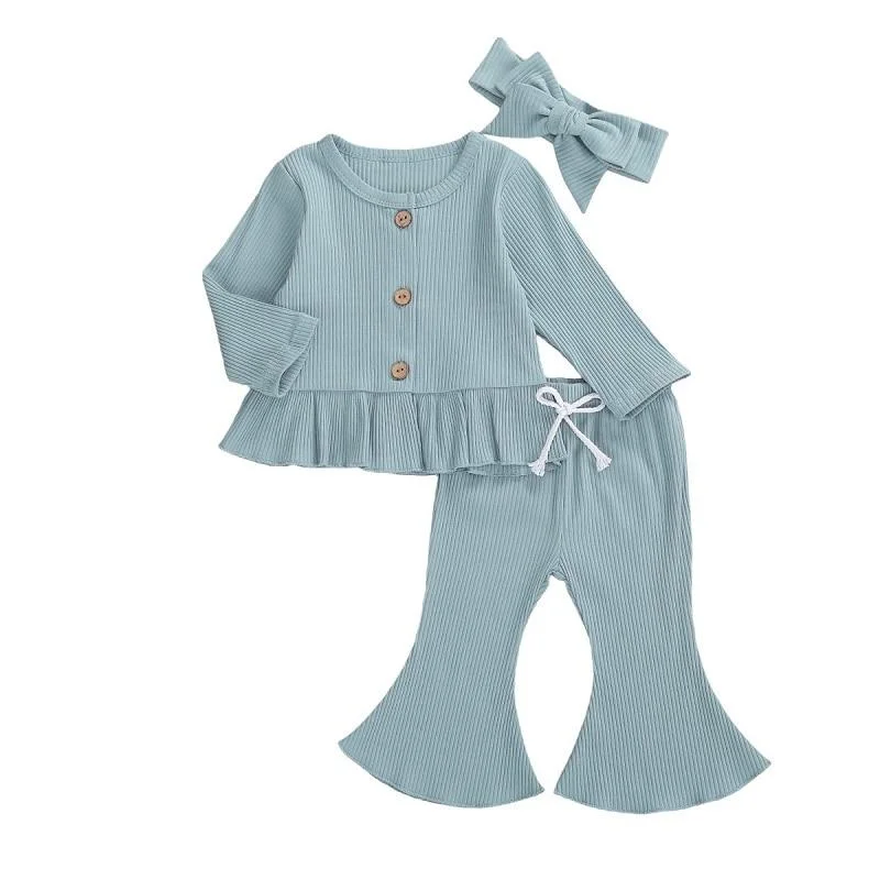 Infant Newborn Baby Toddler Girls 3 Pcs Knit Outfits Long Sleeve Buttons Round Neck Ruffle Top + Long Flared Pant + Headband
