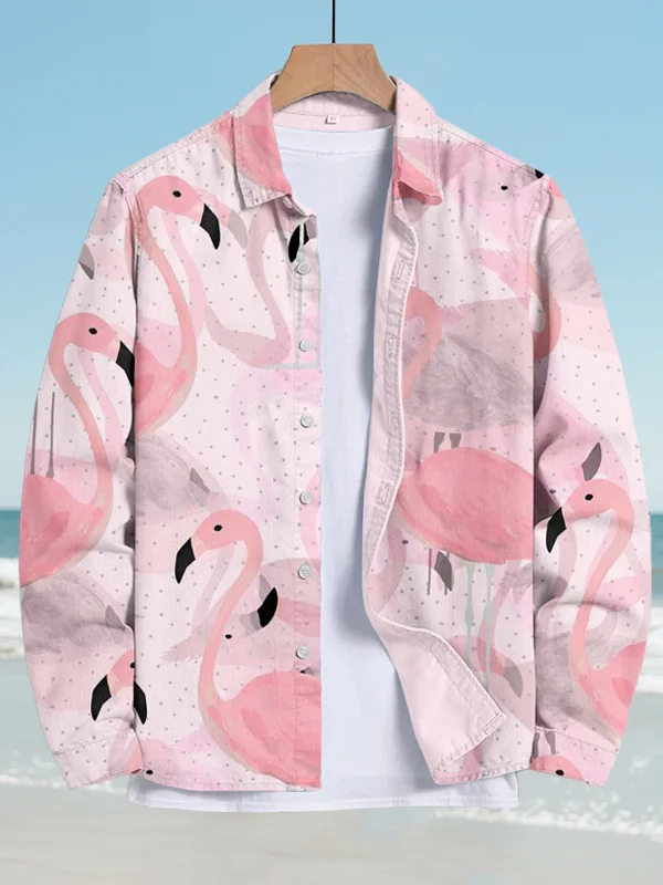 Men's Vacation Flamingo Print Long Sleeve Shirt