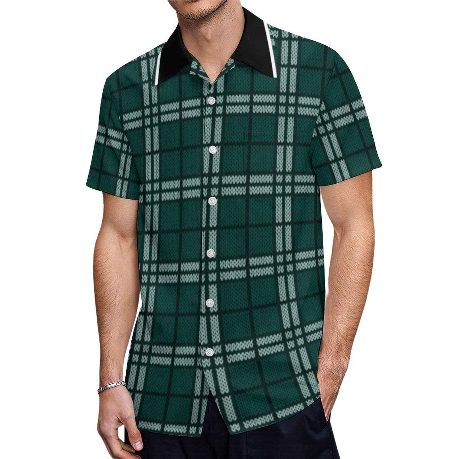 Monogram Faux Knit Hunter Green Plaid Hawaiian Shirt Mens Button Down Plus Size Tropical Hawaii Beach Shirts