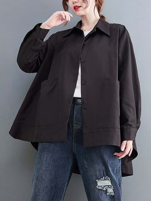 Casual Loose Solid Color With Big Pocket Buttoned Lapel Collar Long Sleeves Blouse
