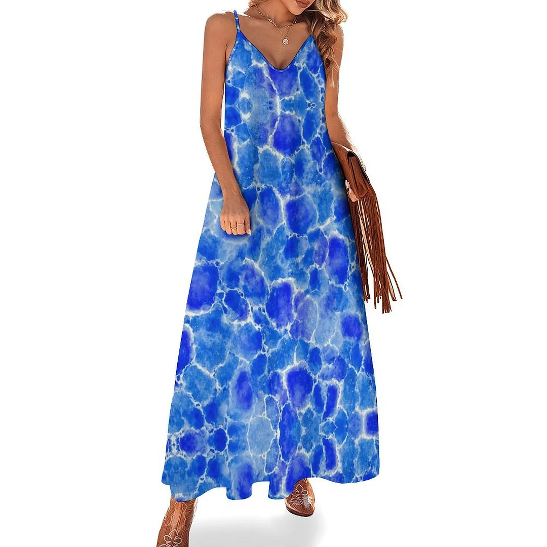 Style & Comfort for Mature Women Plus Size Printed Sling Casual Women Maxi Dress in Pattern Blue, Abstract, Wave
