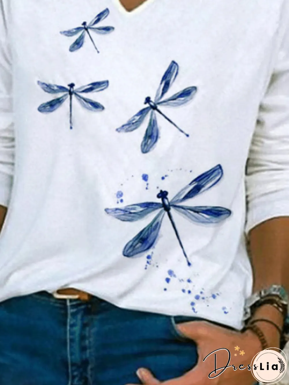 White Printed V Neck Casual Long Sleeve Shift Tops